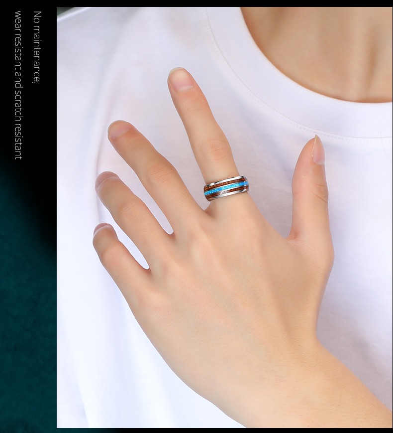 8mm Splendor Tungsten Ring Acacia Wood Ring Men's Trendy Light Luxury Opal Index Finger Ring Personality Versatile Niche Fashion Singles Ring