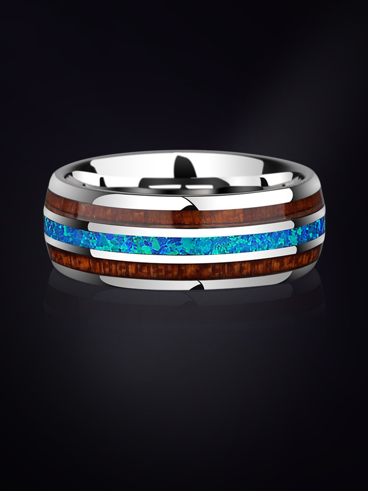 8mm Splendor Tungsten Ring Acacia Wood Ring Men's Trendy Light Luxury Opal Index Finger Ring Personality Versatile Niche Fashion Singles Ring