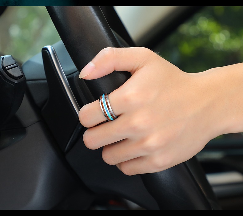 8mm Splendor Tungsten Ring Acacia Wood Ring Men's Trendy Light Luxury Opal Index Finger Ring Personality Versatile Niche Fashion Singles Ring