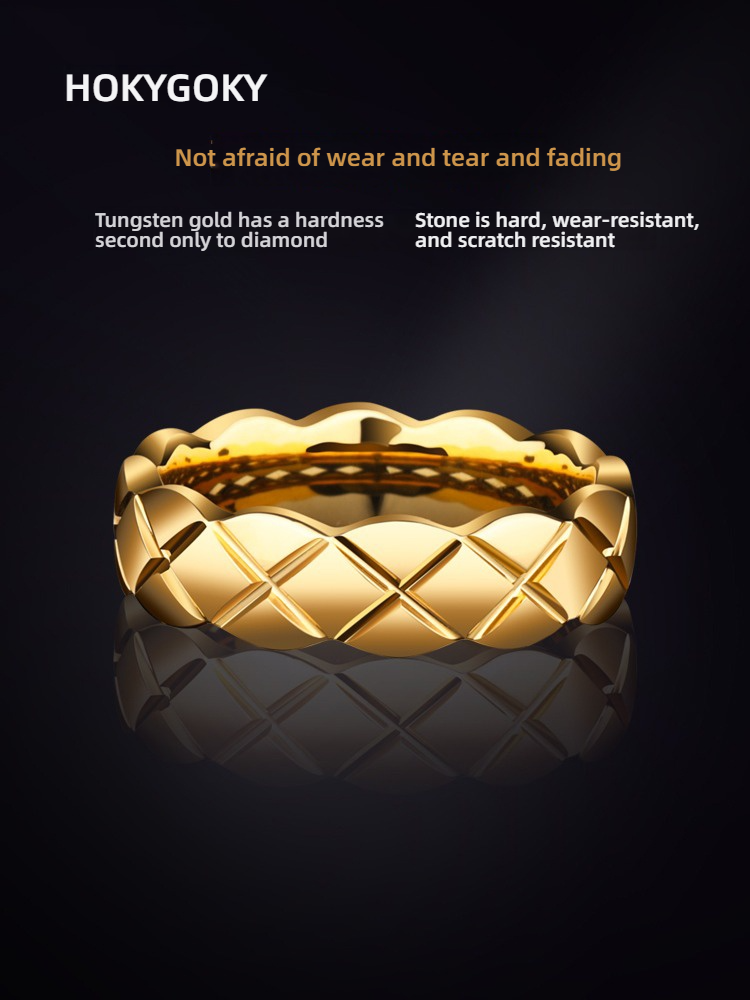 Tungsten Gold Ring for Men, Trendy Personality, Gold-Plated Single Female Tungsten Steel Ring, Niche, Non-Fading Index Finger Tungsten Gold Ring for Men, Noble and Light Luxury, Shining Three-Dimensional