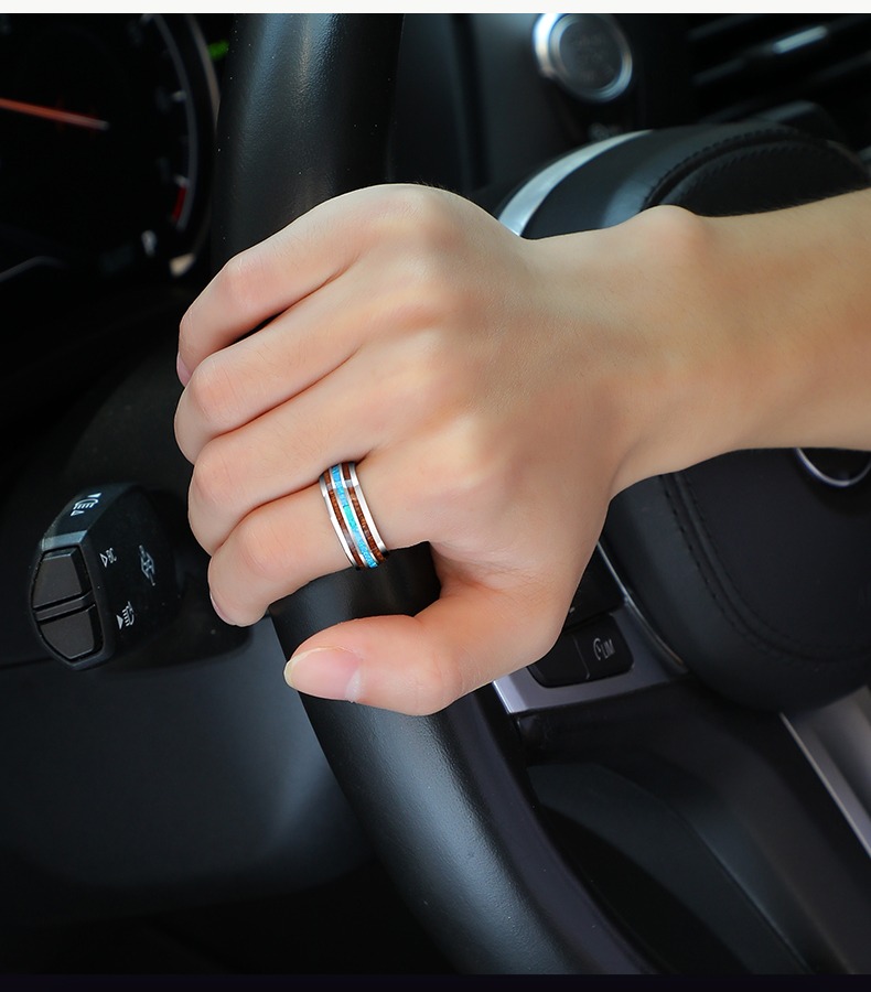 8mm Splendor Tungsten Ring Acacia Wood Ring Men's Trendy Light Luxury Opal Index Finger Ring Personality Versatile Niche Fashion Singles Ring