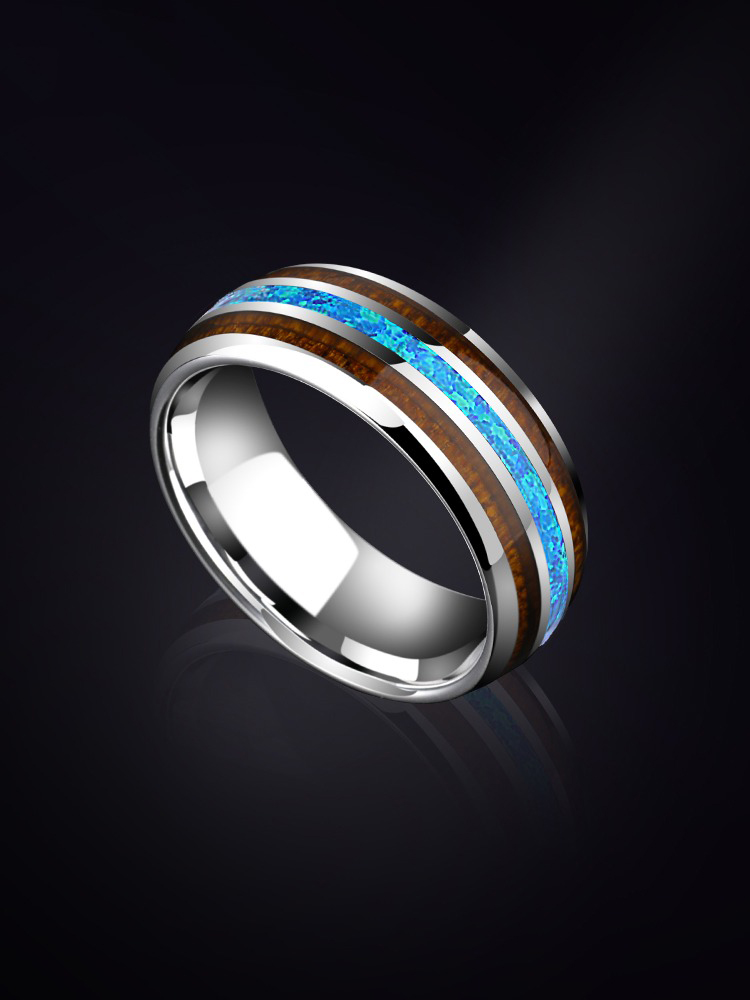 8mm Splendor Tungsten Ring Acacia Wood Ring Men's Trendy Light Luxury Opal Index Finger Ring Personality Versatile Niche Fashion Singles Ring