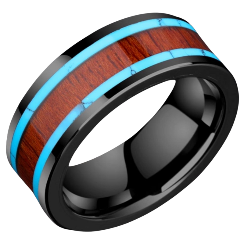 8mm Ceramic Acacia Wooden Ring Turquoise Pattern Men's Trendy Light Luxury Niche Ring Exquisite Index Finger Personality Pinky Ring Blue Embellishment Retro Elegance