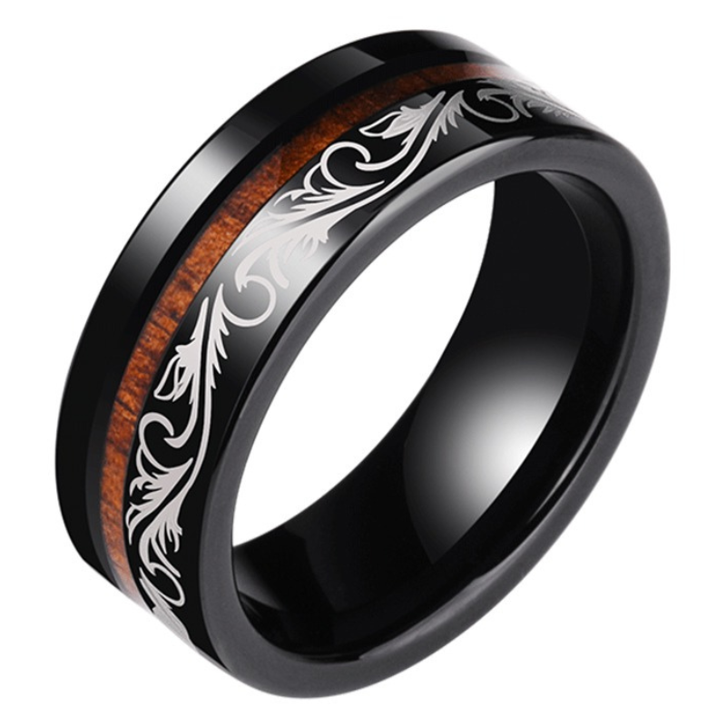 8mm Men's Tungsten Ring for Singles in the Year of the Dragon, Wooden Ring for Trendy Men, Acacia Wood Dragon Totem, Wooden Dragon Pattern Ring - Fusion of Tungsten and Acacia Wood, Deducing Oriental Aesthetics