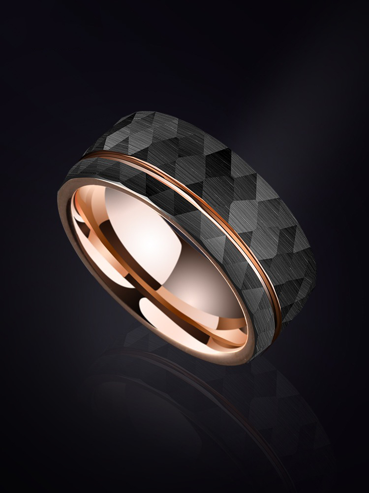 8mm Men's 857 Tungsten Ring with Rose Gold Groove Design Trendy Single Index Finger Pinky Ring Female Middle Finger Niche Design Wide Version Black Ring Female