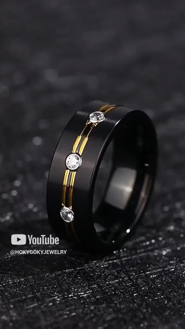 8mm Black With Gold Stripes Tungsten Ring Men'S Trendy Light Luxury Niche Personality Single Index Finger Middle Finger Ring Fashion