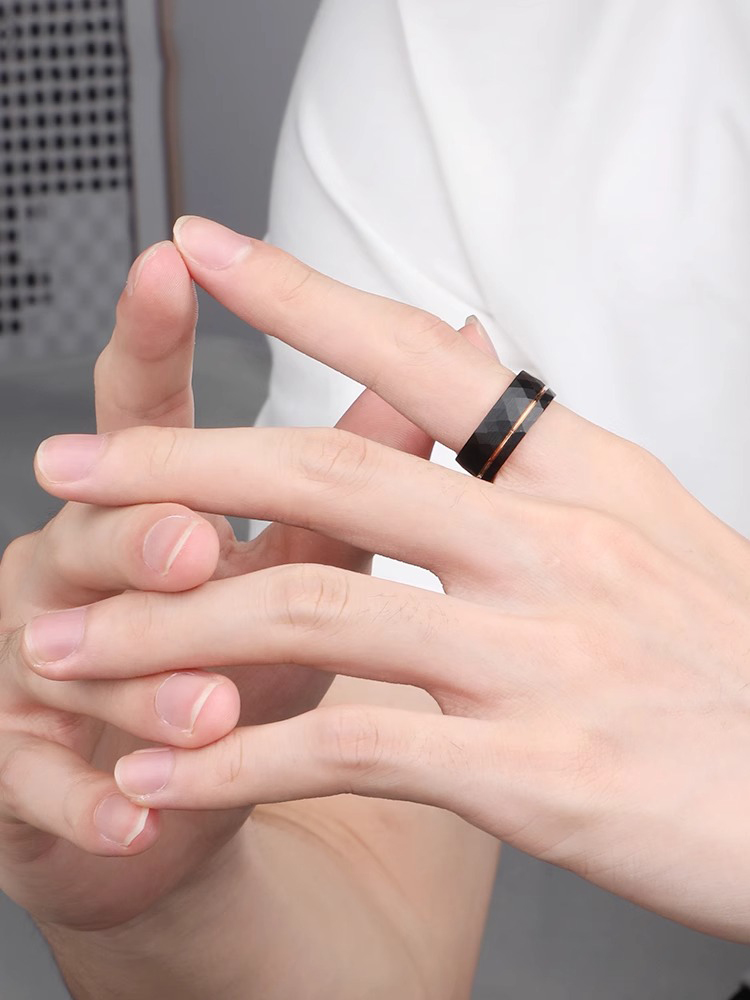 8mm Men's 857 Tungsten Ring with Rose Gold Groove Design Trendy Single Index Finger Pinky Ring Female Middle Finger Niche Design Wide Version Black Ring Female