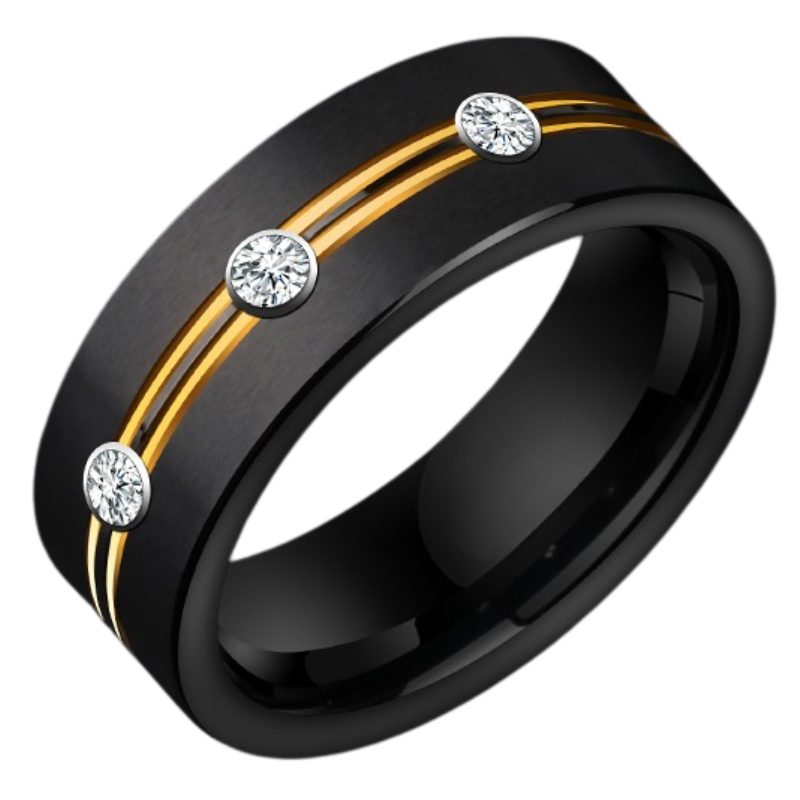 8mm Black With Gold Stripes Tungsten Ring Men'S Trendy Light Luxury Niche Personality Single Index Finger Middle Finger Ring Fashion
