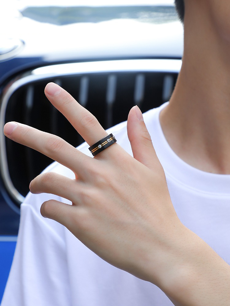 8mm Black With Gold Stripes Tungsten Ring Men'S Trendy Light Luxury Niche Personality Single Index Finger Middle Finger Ring Fashion