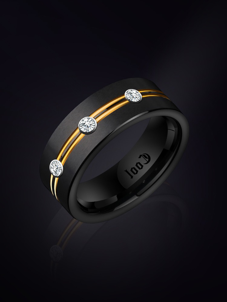 8mm Black With Gold Stripes Tungsten Ring Men'S Trendy Light Luxury Niche Personality Single Index Finger Middle Finger Ring Fashion