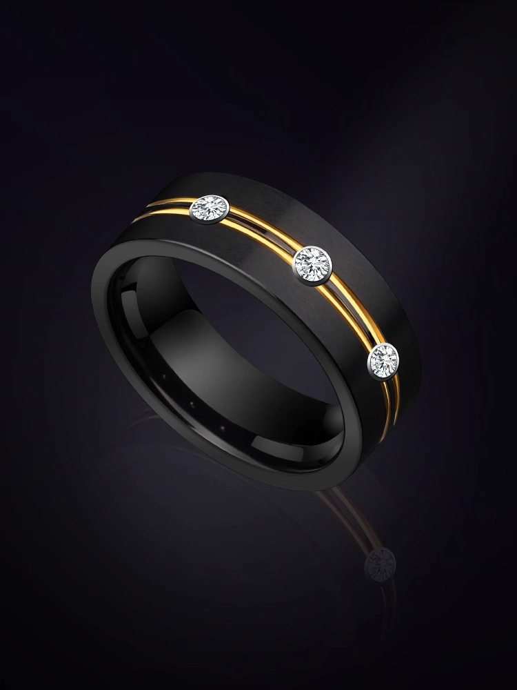 8mm Black With Gold Stripes Tungsten Ring Men'S Trendy Light Luxury Niche Personality Single Index Finger Middle Finger Ring Fashion