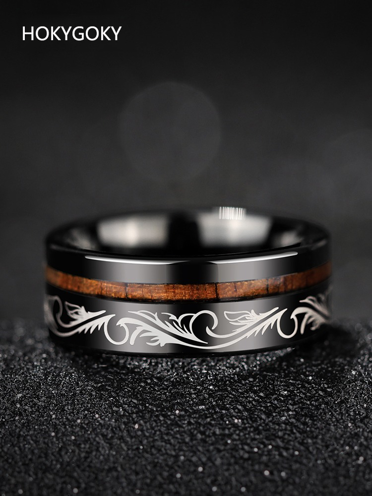 8mm Men's Tungsten Ring for Singles in the Year of the Dragon, Wooden Ring for Trendy Men, Acacia Wood Dragon Totem, Wooden Dragon Pattern Ring - Fusion of Tungsten and Acacia Wood, Deducing Oriental Aesthetics