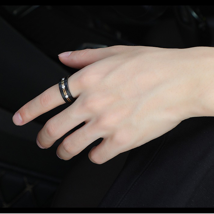 8mm Black With Gold Stripes Tungsten Ring Men'S Trendy Light Luxury Niche Personality Single Index Finger Middle Finger Ring Fashion