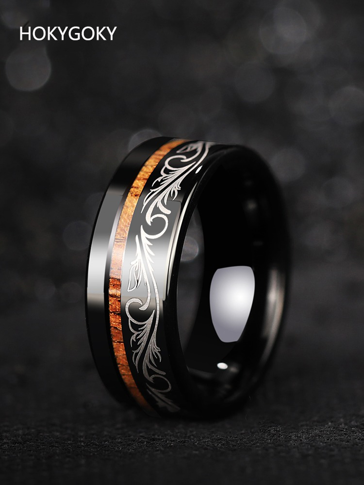 8mm Men's Tungsten Ring for Singles in the Year of the Dragon, Wooden Ring for Trendy Men, Acacia Wood Dragon Totem, Wooden Dragon Pattern Ring - Fusion of Tungsten and Acacia Wood, Deducing Oriental Aesthetics
