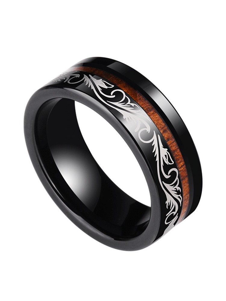 8mm Men's Tungsten Ring for Singles in the Year of the Dragon, Wooden Ring for Trendy Men, Acacia Wood Dragon Totem, Wooden Dragon Pattern Ring - Fusion of Tungsten and Acacia Wood, Deducing Oriental Aesthetics