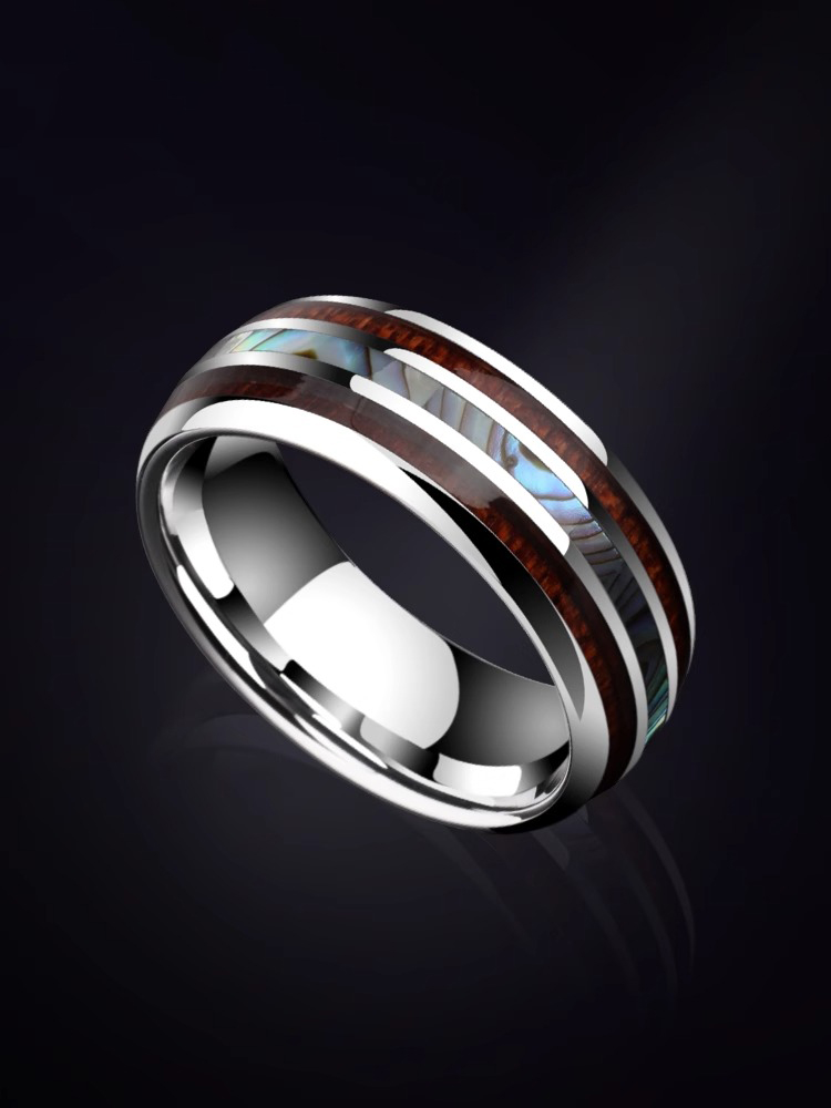 8mm 857 Tungsten Gold Inlaid Colorful Shell and Acacia Wood Ring Men's Tungsten Gold Shell Ancient Style Fashion Index Finger Wide Face Personality Trendy Men Single Tungsten Steel Pinky Ring