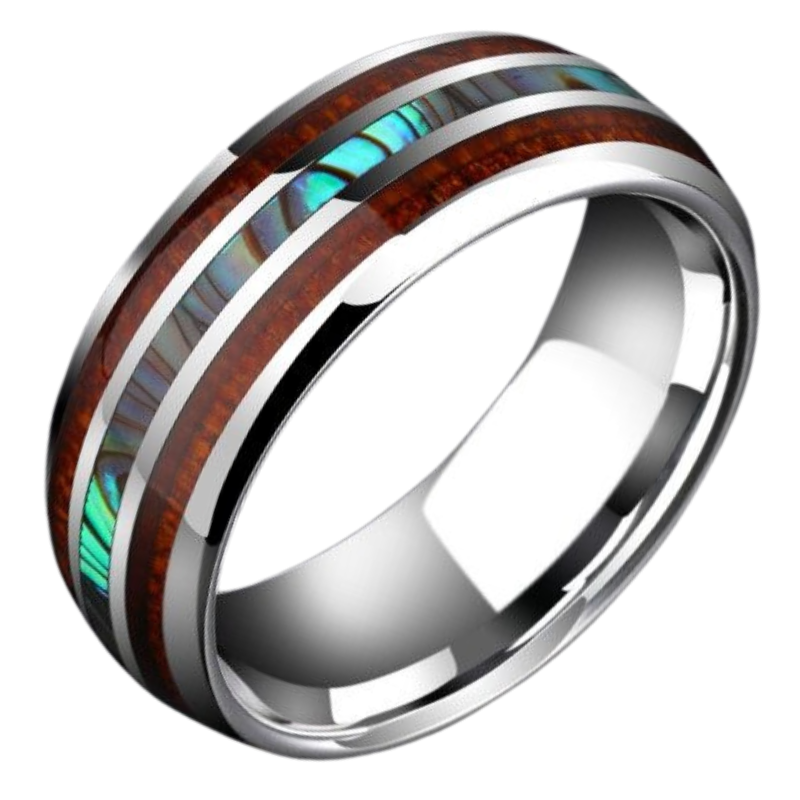 8mm 857 Tungsten Gold Inlaid Colorful Shell and Acacia Wood Ring Men's Tungsten Gold Shell Ancient Style Fashion Index Finger Wide Face Personality Trendy Men Single Tungsten Steel Pinky Ring