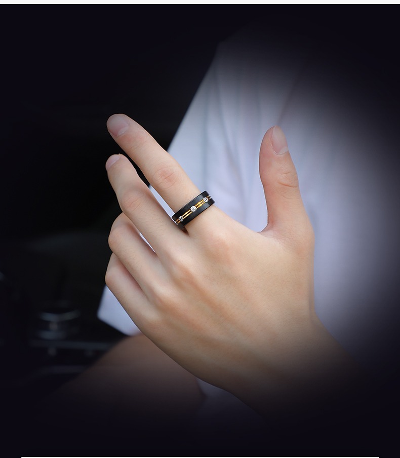 8mm Black With Gold Stripes Tungsten Ring Men'S Trendy Light Luxury Niche Personality Single Index Finger Middle Finger Ring Fashion