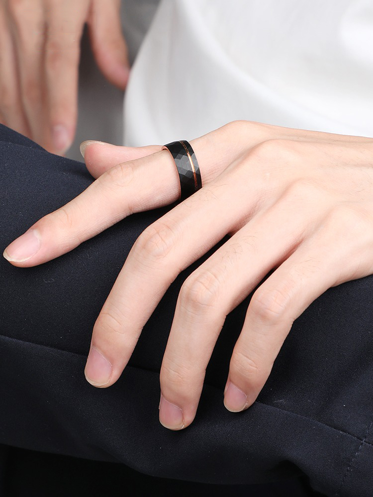 8mm Men's 857 Tungsten Ring with Rose Gold Groove Design Trendy Single Index Finger Pinky Ring Female Middle Finger Niche Design Wide Version Black Ring Female