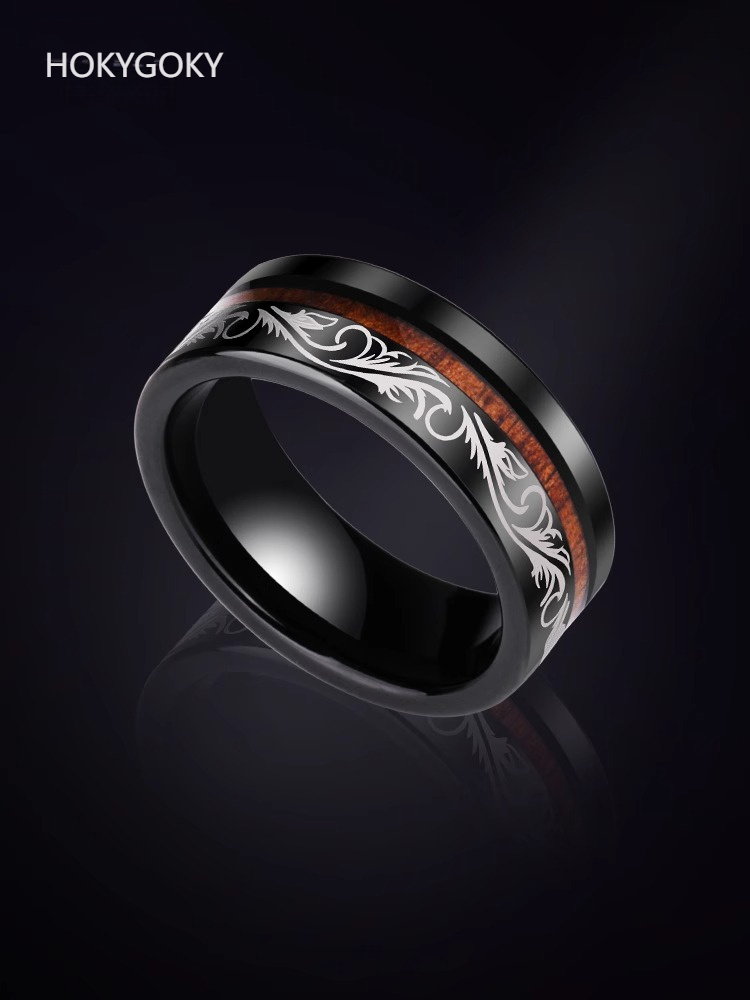 8mm Men's Tungsten Ring for Singles in the Year of the Dragon, Wooden Ring for Trendy Men, Acacia Wood Dragon Totem, Wooden Dragon Pattern Ring - Fusion of Tungsten and Acacia Wood, Deducing Oriental Aesthetics