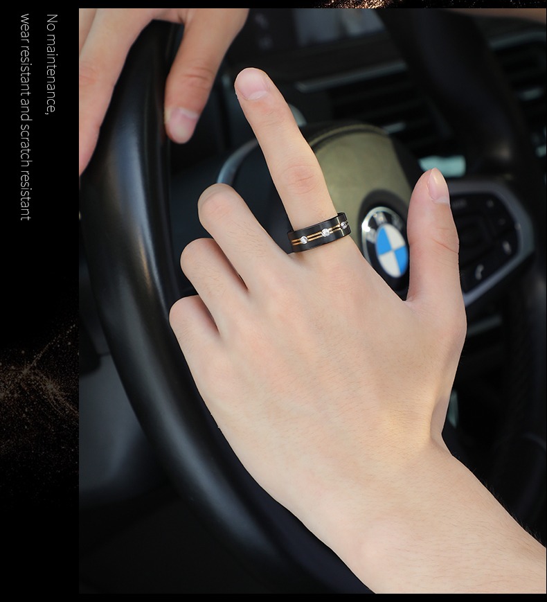8mm Black With Gold Stripes Tungsten Ring Men'S Trendy Light Luxury Niche Personality Single Index Finger Middle Finger Ring Fashion