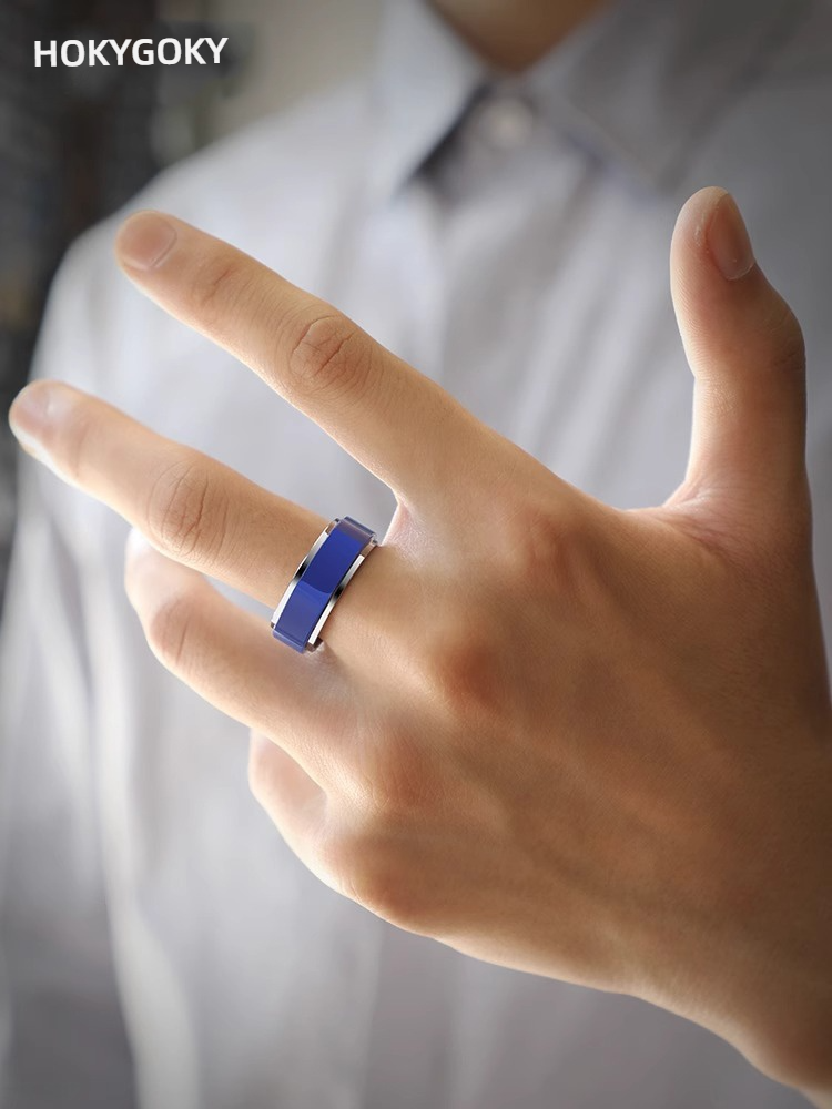 Men's Ring Blue Non-Fading Trendy Index Finger Single Ring Ceramic Tungsten Gold Men's Ring Hip-Hop Personality Ring Aurora Men's Ring - 857 Tungsten Gold + Space Porcelain, Fashionable Blue, Durable Youth, Shining