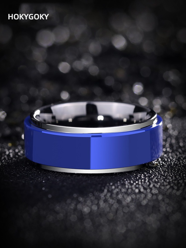 Men's Ring Blue Non-Fading Trendy Index Finger Single Ring Ceramic Tungsten Gold Men's Ring Hip-Hop Personality Ring Aurora Men's Ring - 857 Tungsten Gold + Space Porcelain, Fashionable Blue, Durable Youth, Shining