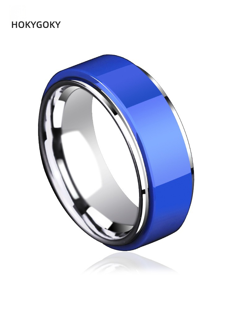 Men's Ring Blue Non-Fading Trendy Index Finger Single Ring Ceramic Tungsten Gold Men's Ring Hip-Hop Personality Ring Aurora Men's Ring - 857 Tungsten Gold + Space Porcelain, Fashionable Blue, Durable Youth, Shining