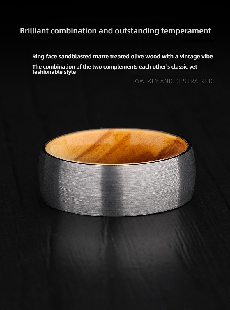 8mm Olive Wood Peace Holy Ring Tungsten Gold Ring Men's Wooden Hip-hop Wide-face Tungsten Steel Ancient Style Ring Simple and Versatile Trendy Index Finger Fashion Men's Ring