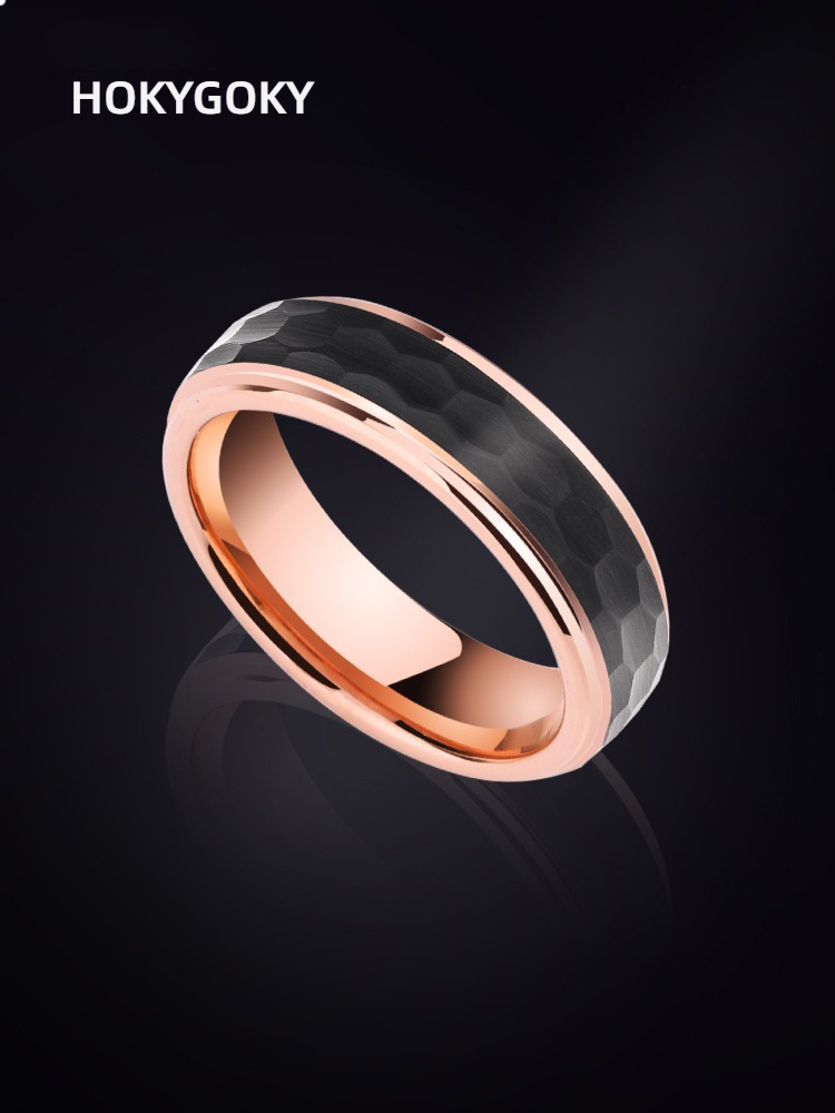 6mm Men's Rose Gold Ring Single Index Finger Black Hammer Tungsten Gold High-End Ring Men's Ring - Rose Gold Black Hammer, Retro Craftsmanship, Comfortable to Wear, Free Engraving, Applicable in Multiple Scenarios, Fashionable Men's Accessories