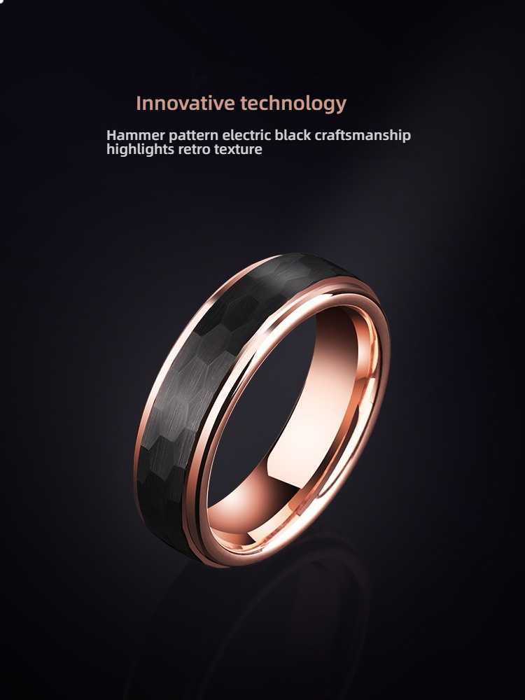 6mm Men's Rose Gold Ring Single Index Finger Black Hammer Tungsten Gold High-End Ring Men's Ring - Rose Gold Black Hammer, Retro Craftsmanship, Comfortable to Wear, Free Engraving, Applicable in Multiple Scenarios, Fashionable Men's Accessories