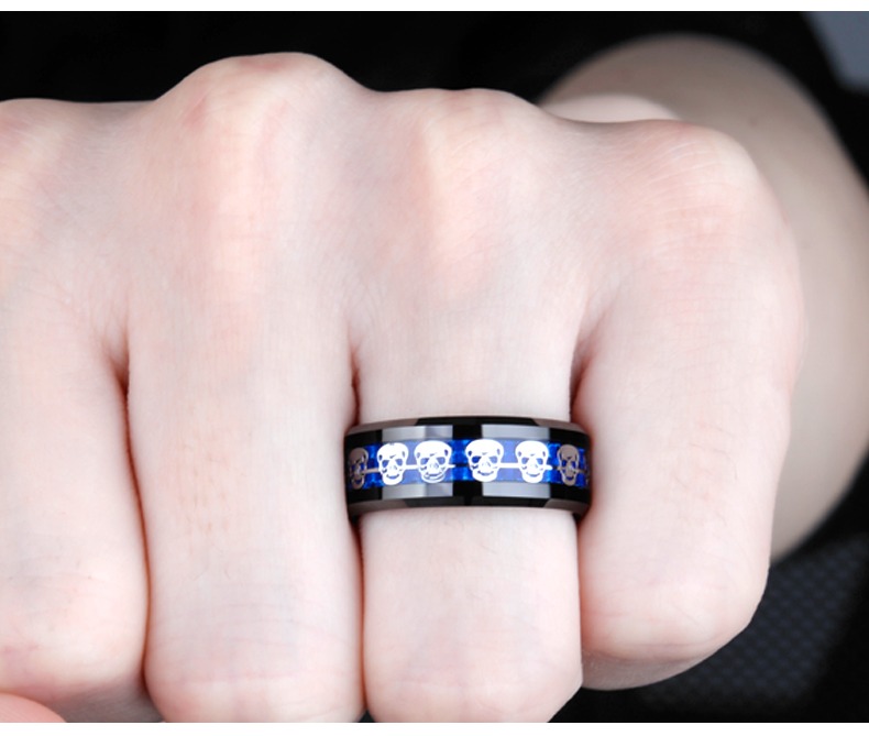 8mm Men's Ring with Tungsten Inlaid Skull Classic Personality Retro Punk Creative Jewelry Ring Men's Punk Style Fashionable Sturdy and Wear-resistant