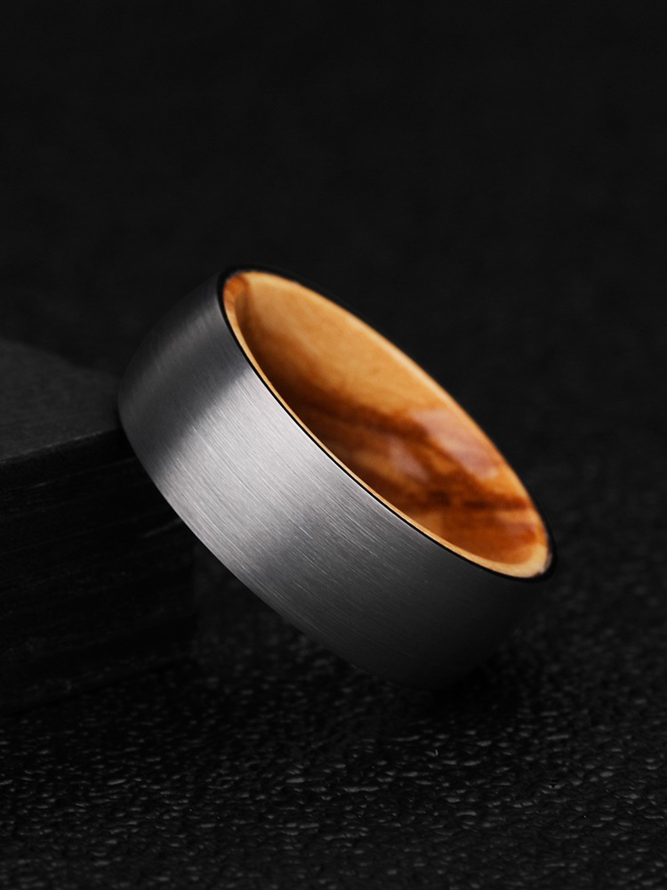 8mm Olive Wood Peace Holy Ring Tungsten Gold Ring Men's Wooden Hip-hop Wide-face Tungsten Steel Ancient Style Ring Simple and Versatile Trendy Index Finger Fashion Men's Ring
