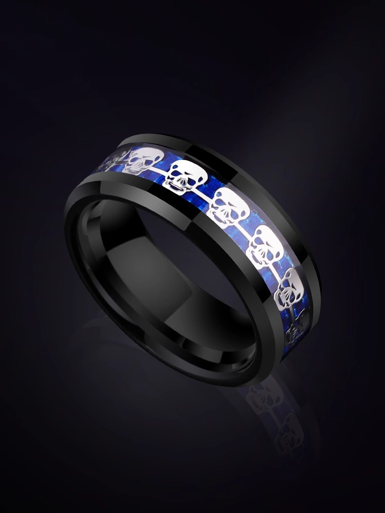 8mm Men's Ring with Tungsten Inlaid Skull Classic Personality Retro Punk Creative Jewelry Ring Men's Punk Style Fashionable Sturdy and Wear-resistant