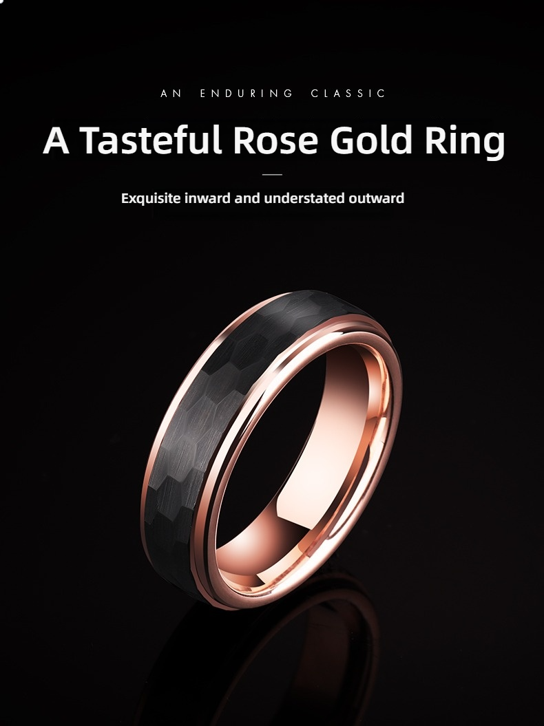 6mm Men's Rose Gold Ring Single Index Finger Black Hammer Tungsten Gold High-End Ring Men's Ring - Rose Gold Black Hammer, Retro Craftsmanship, Comfortable to Wear, Free Engraving, Applicable in Multiple Scenarios, Fashionable Men's Accessories