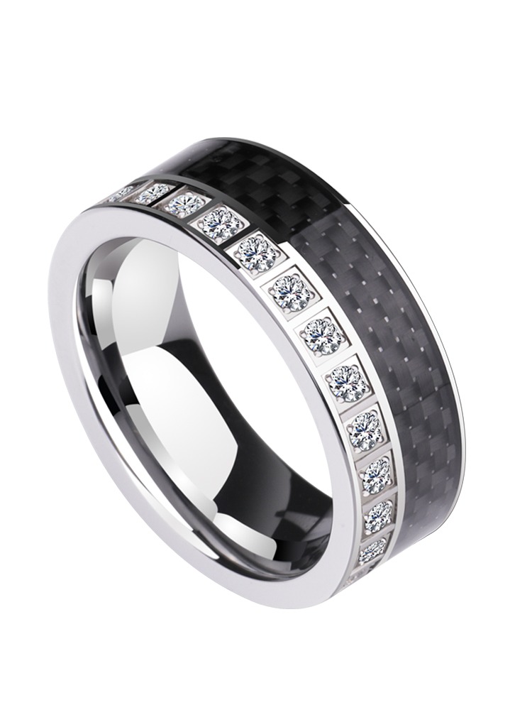 8mm Unisex Carbon Fiber Full Diamond Tungsten Index Finger New Trendy Single Rose Gold Black Two-Tone Ring Supercar Ring - Carbon Fiber Zircon Fusion, Showing Noble Fashion
