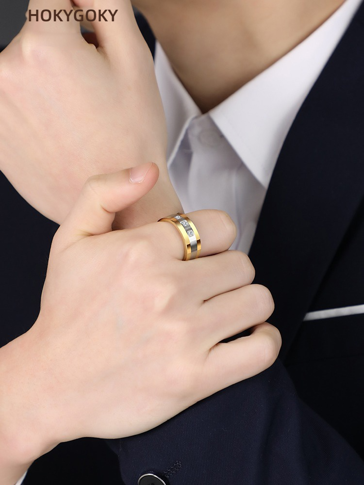 8mm Men's 18K Gold Diamond Ring Zircon Tungsten Gold Tide Plated Gold Wide Ring High-End Men'S Index Finger Star Zircon Ring - Tungsten Gold Material, Bright Fire, Noble and Atmospheric