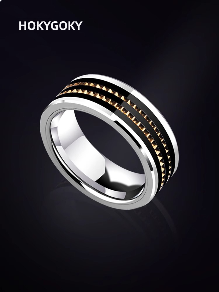 8mm Men's Gear Ring Fashion Personality Tungsten Gold Ring Light Luxury Domineering Ring Index Finger Single Ring Planetary Gear Ring Tungsten Gold Material Three-Dimensional Double Gear Seamless Inlay Fashionable and Versatile Highlight Personality