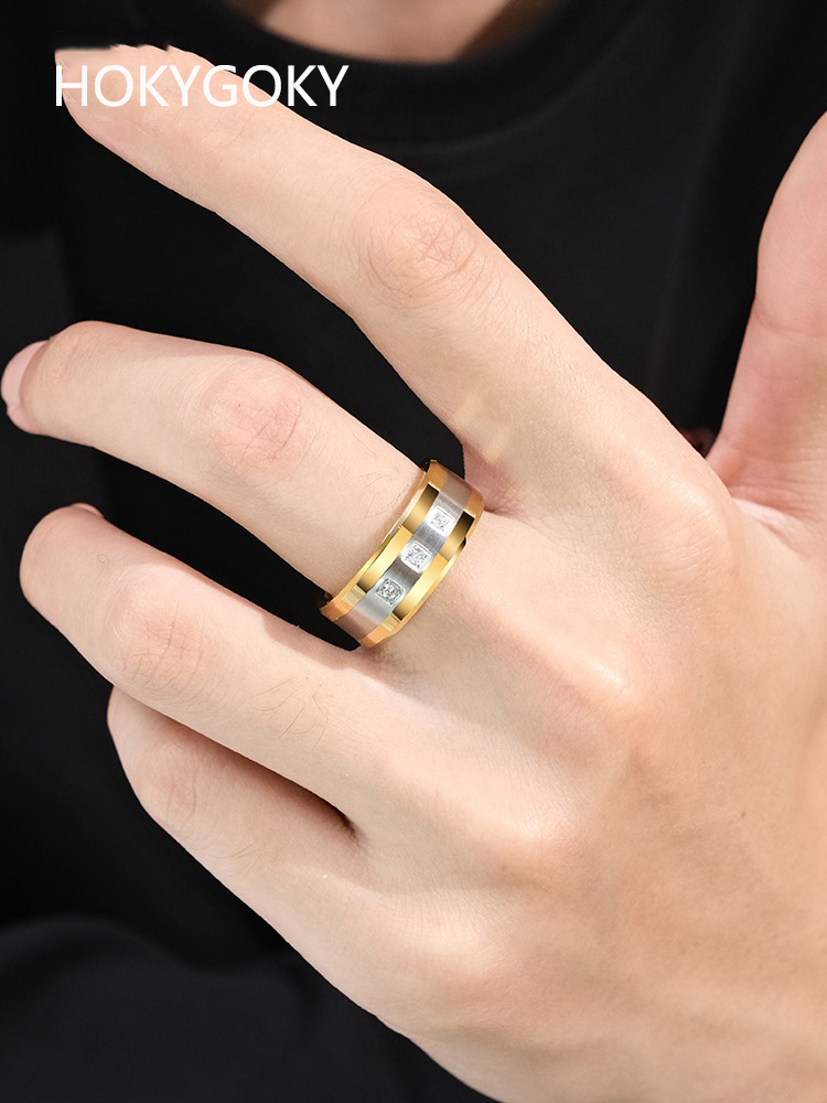 8mm Men's 18K Gold Diamond Ring Zircon Tungsten Gold Tide Plated Gold Wide Ring High-End Men'S Index Finger Star Zircon Ring - Tungsten Gold Material, Bright Fire, Noble and Atmospheric