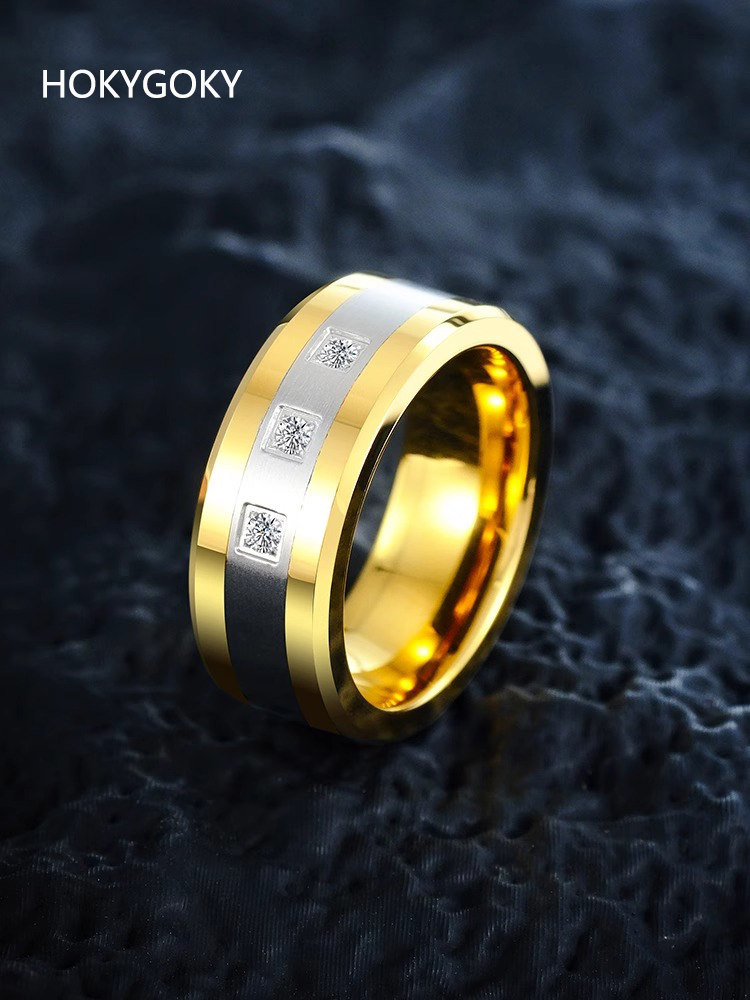 8mm Men's 18K Gold Diamond Ring Zircon Tungsten Gold Tide Plated Gold Wide Ring High-End Men'S Index Finger Star Zircon Ring - Tungsten Gold Material, Bright Fire, Noble and Atmospheric