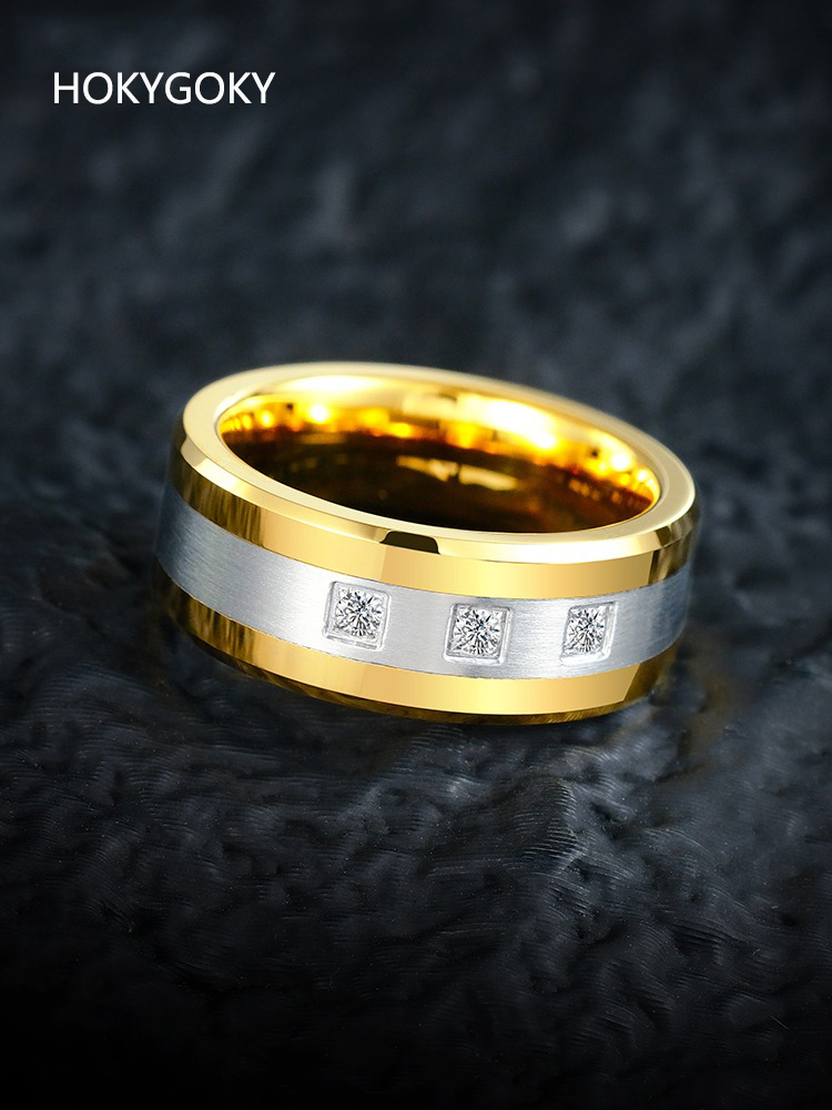 8mm Men's 18K Gold Diamond Ring Zircon Tungsten Gold Tide Plated Gold Wide Ring High-End Men'S Index Finger Star Zircon Ring - Tungsten Gold Material, Bright Fire, Noble and Atmospheric