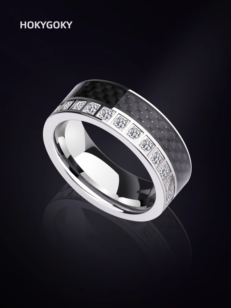 8mm Unisex Carbon Fiber Full Diamond Tungsten Index Finger New Trendy Single Rose Gold Black Two-Tone Ring Supercar Ring - Carbon Fiber Zircon Fusion, Showing Noble Fashion