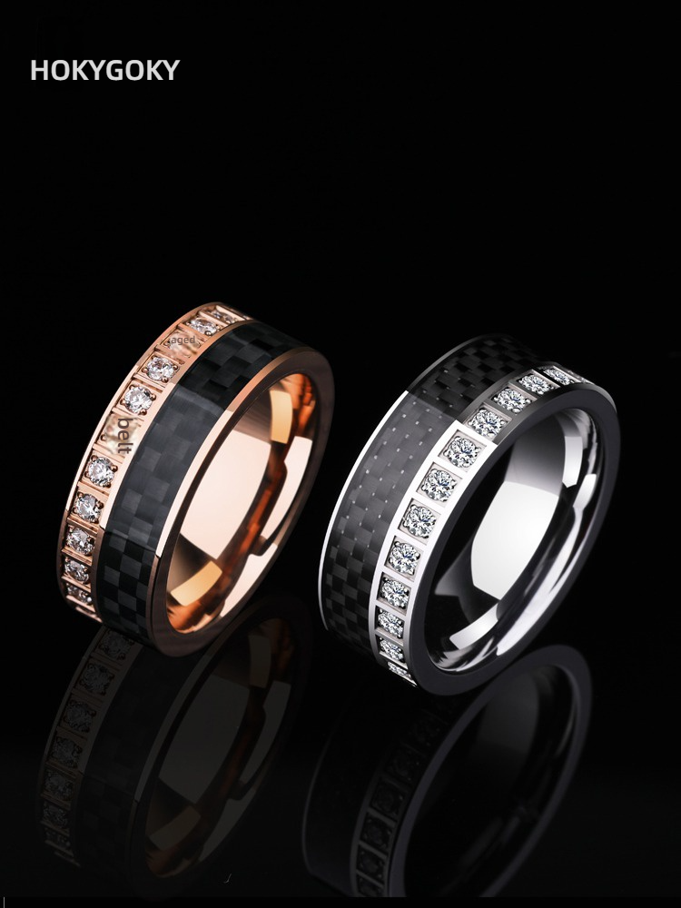 8mm Unisex Carbon Fiber Full Diamond Tungsten Index Finger New Trendy Single Rose Gold Black Two-Tone Ring Supercar Ring - Carbon Fiber Zircon Fusion, Showing Noble Fashion