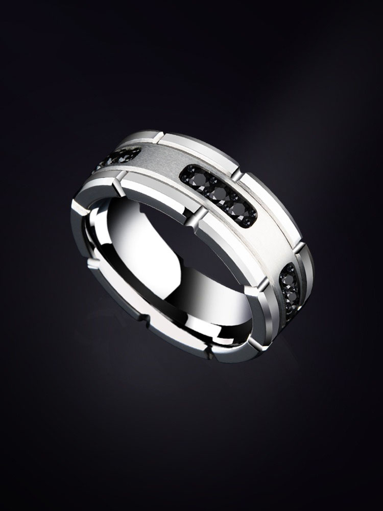 8mm Black Zircon Tungsten Gold Ring for Men, Black Gold Wide Index Finger Single High-end Personalized Trendy Men's Tungsten Gold Ring Light Luxury Charm