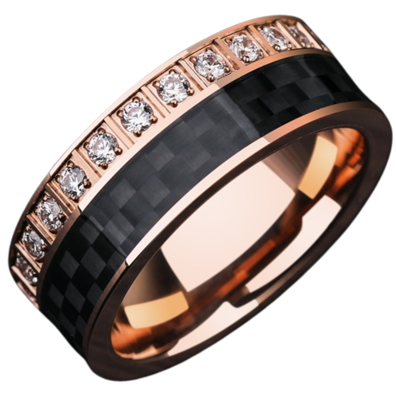 8mm Unisex Carbon Fiber Full Diamond Tungsten Index Finger New Trendy Single Rose Gold Black Two-Tone Ring Supercar Ring - Carbon Fiber Zircon Fusion, Showing Noble Fashion