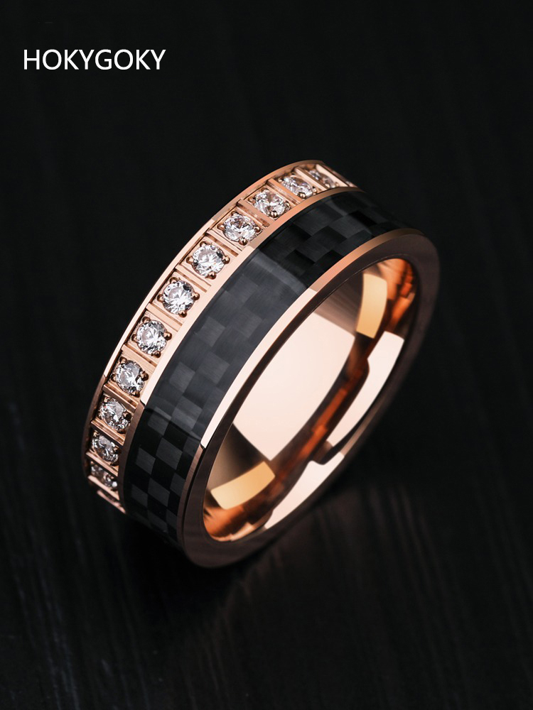 8mm Unisex Carbon Fiber Full Diamond Tungsten Index Finger New Trendy Single Rose Gold Black Two-Tone Ring Supercar Ring - Carbon Fiber Zircon Fusion, Showing Noble Fashion