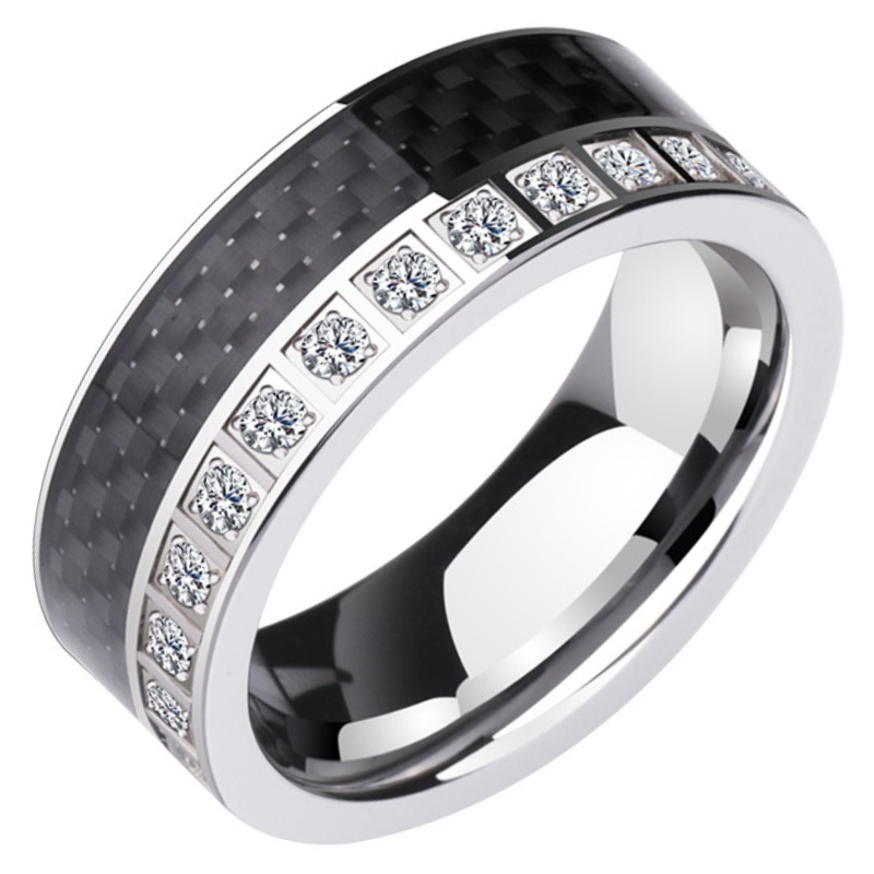 8mm Unisex Carbon Fiber Full Diamond Tungsten Index Finger New Trendy Single Rose Gold Black Two-Tone Ring Supercar Ring - Carbon Fiber Zircon Fusion, Showing Noble Fashion