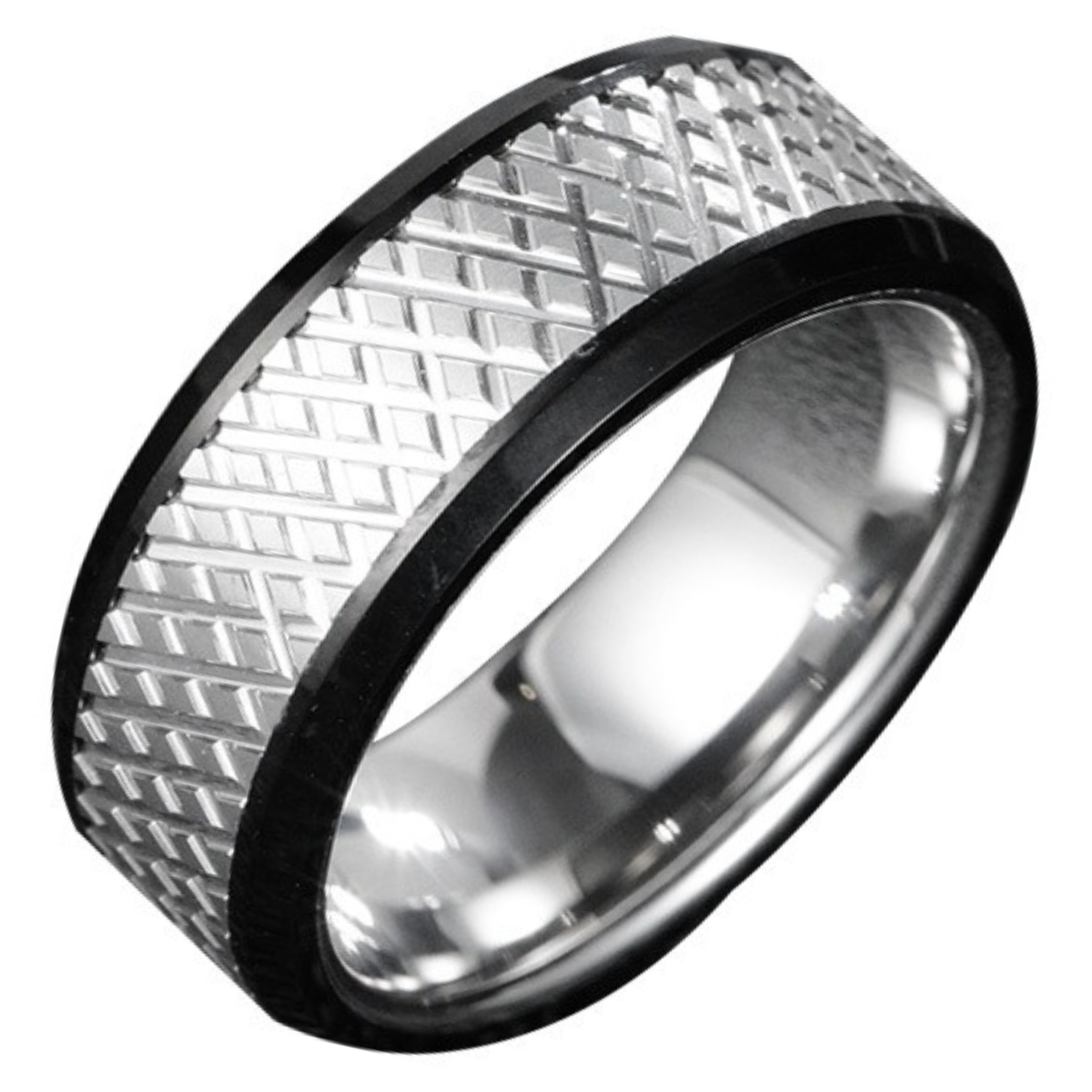 8mm Unisex Ring, High-Grade Black Silver Diamond-Shaped Couple Ring, Simple and Stylish Ring, Classic Two-Color Diamond Tungsten Gold Men's Ring, Tough Design, 857 Tungsten Gold, Wear-Resistant and Skin-Friendly, Showing Men's Domineering