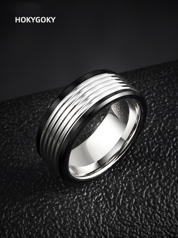 9mm Men's Ring Black White Couple Ring Tungsten Gold Simple Personality High-End Female Ring Wide Version Classic Line Ring 857 Tungsten Gold Wear-Resistant Skin-Friendly Black and White Collision Tough Atmosphere Comfortable to Wear