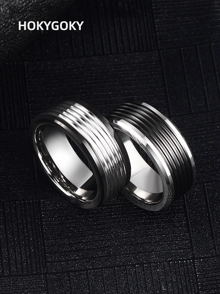 9mm Men's Ring Black White Couple Ring Tungsten Gold Simple Personality High-End Female Ring Wide Version Classic Line Ring 857 Tungsten Gold Wear-Resistant Skin-Friendly Black and White Collision Tough Atmosphere Comfortable to Wear